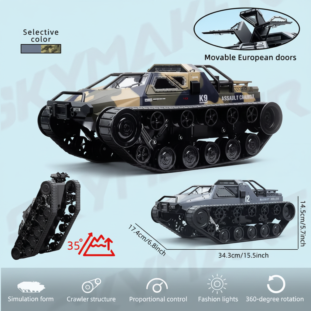 1/12 Scale C8812 MAX RC Tracked Off-Road Vehicle | 360° Rotation, Dual Flow Gearbox, Openable Doors, LED Lights, Hobby Grade Radio Control Tank Crawler with 2.4GHz Remote for Adults
