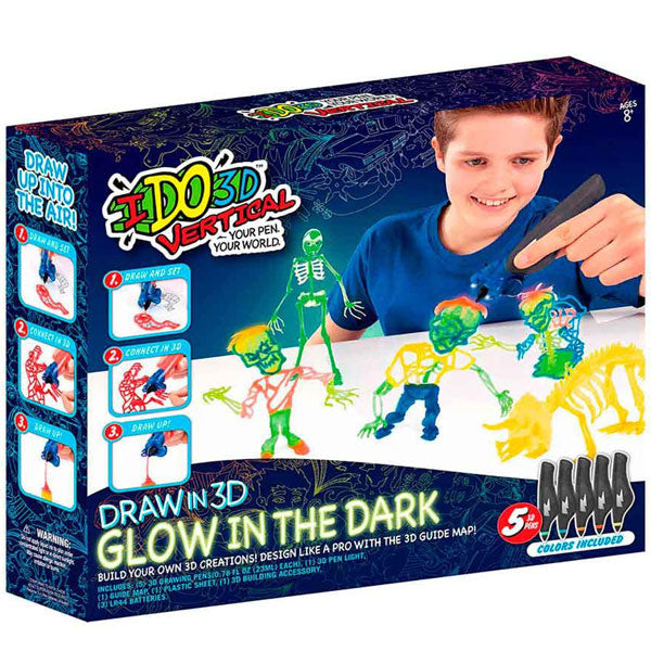 IDO3D Vertical Glow in the Dark 3D Drawing Pen Creative Art & Craft Set with 5 Color Pens for Kids – Create, Draw & Build 3D Designs