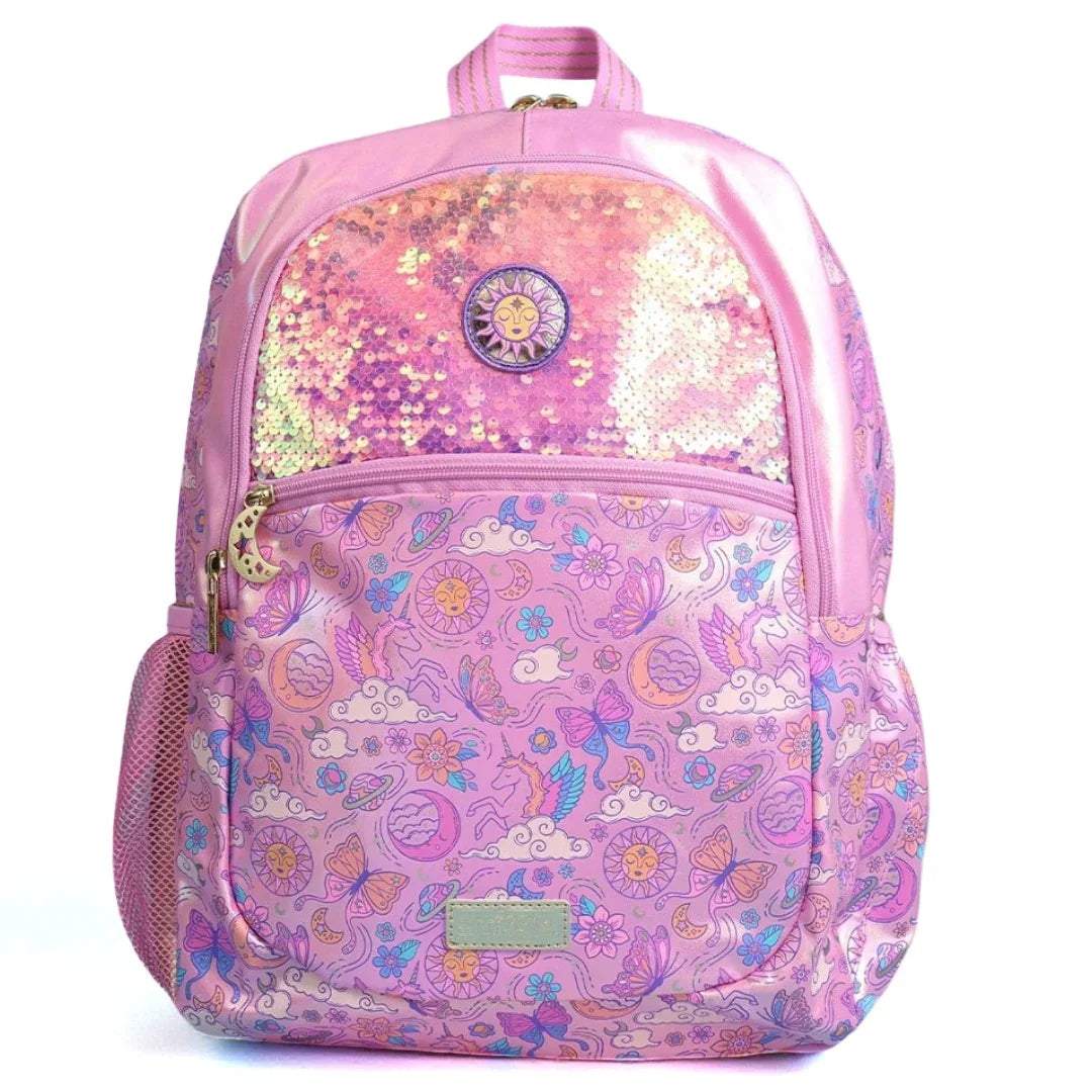 SMIGGLE Cosmos Classic Backpack – 16 Inch | Holographic Sequins & Iridescent Golden Pink Finish