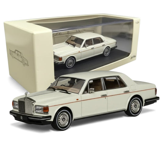 GFCC 1:64 1994 Rolls-Royce Silver Spur, British Silver With Gold Beltline in White Diecast Model Car