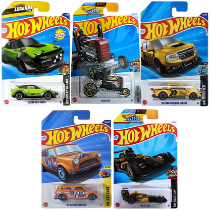 Hot Wheels 1:64 Scale 5-Car Set – Mazda MX-5 Miata 2025 Dream Garage, '22 Ford Maverick Custom, HW 4-Trac Race Day, '67 Austin Mini Van Art Cars & Dragtor