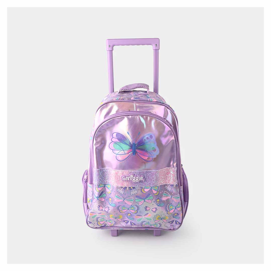 Smiggle Butterfly 18-Inch Light-Up Trolley Backpack for Kids – Colorful Wheeled School Bag with Extendable Handle