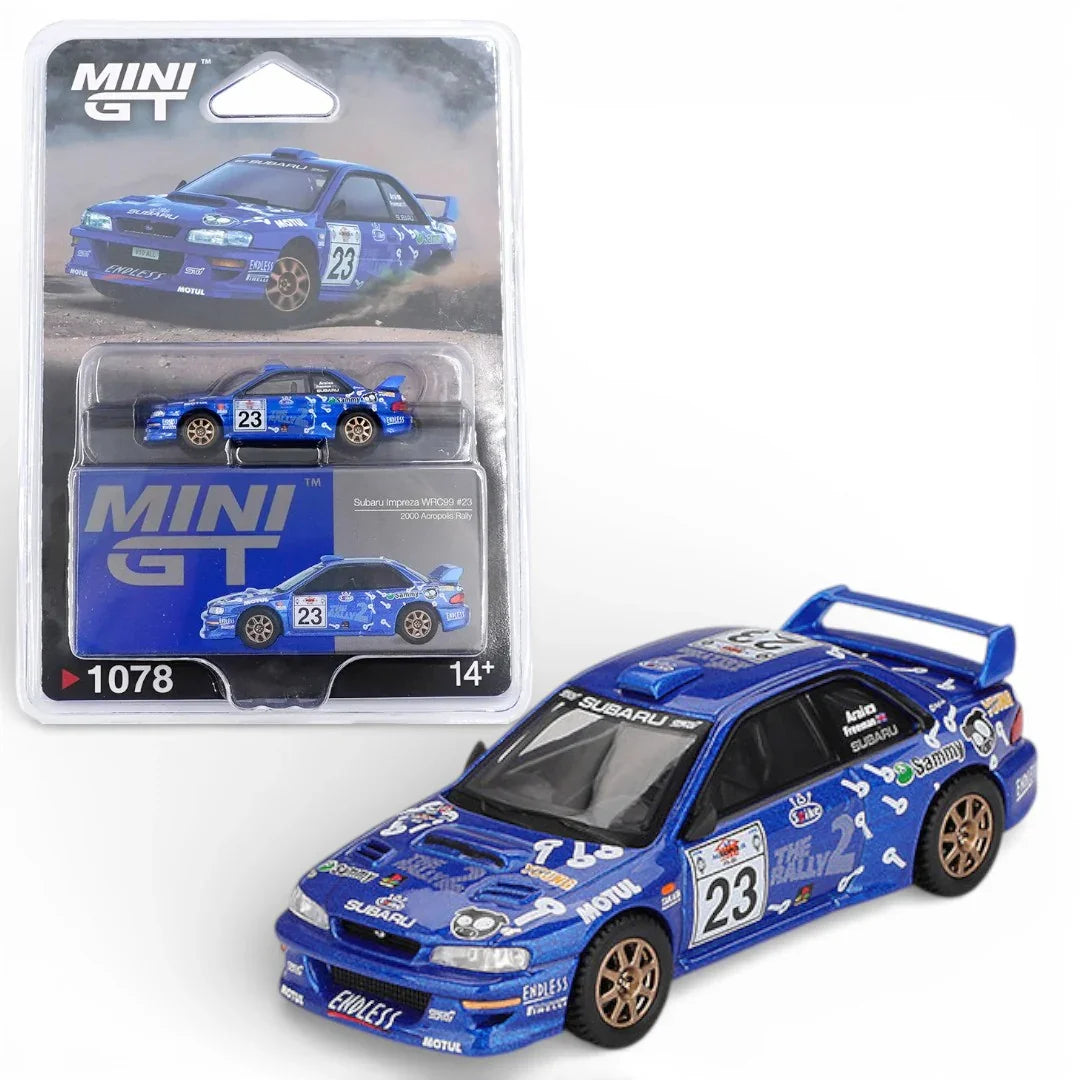 MINI GT 1:64 (Blister)-Subaru Impreza WRC99 #23 2000 Acropolis Rally LHD + Mercedes-Benz 190E 2.5-16 Evolution II -- Astral Silver