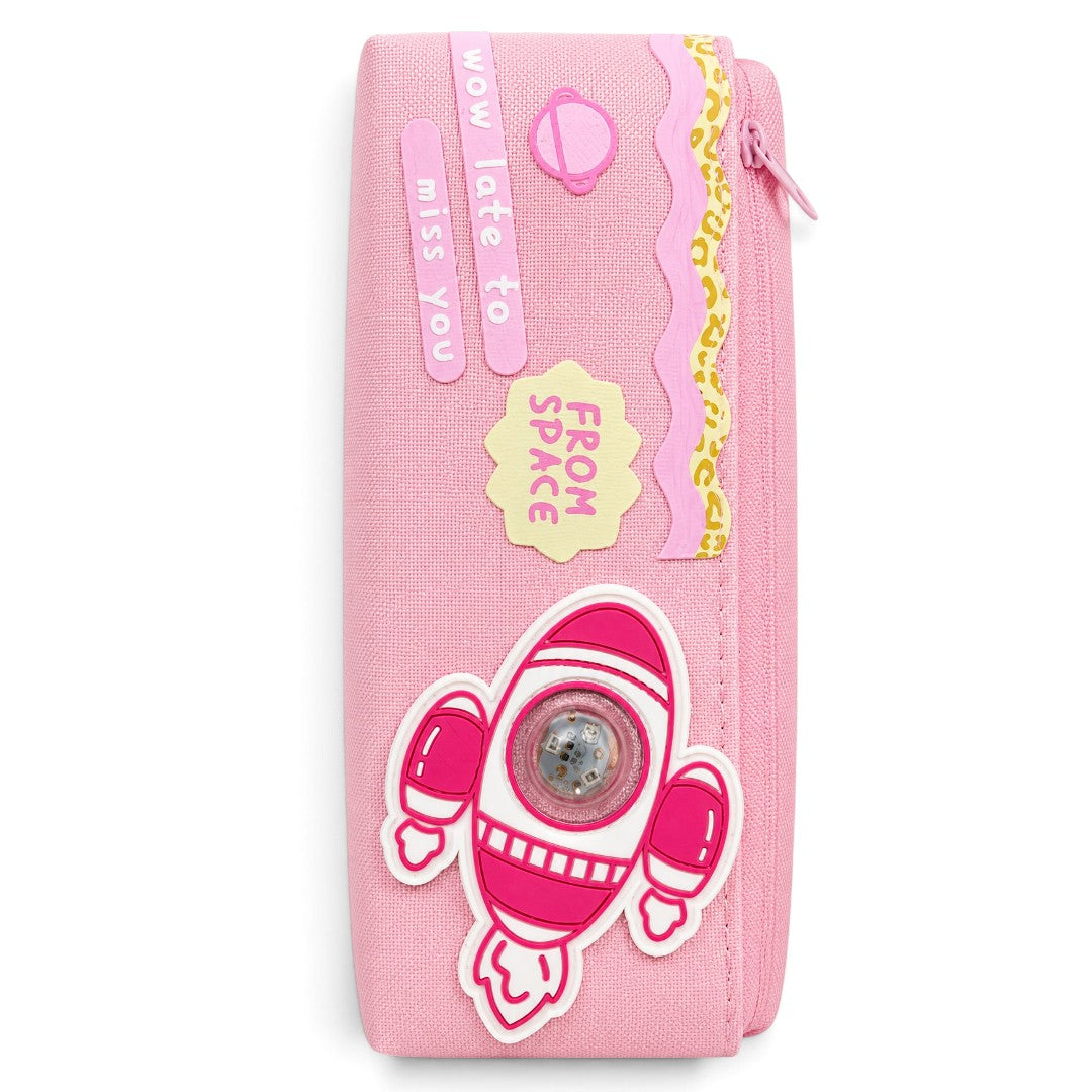 Pink Space Rocket Pencil Pouch with Light-Up Design | Zipper Stationery Case for Girls