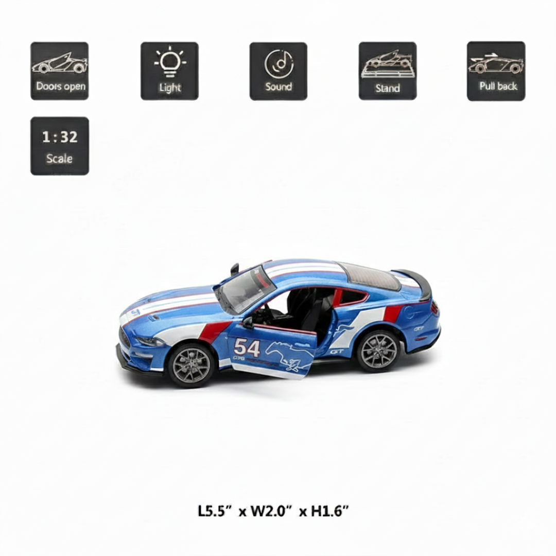 MSZ 1:32 2018 Ford Mustang GT Die-Cast Model Car – Blue |Pull Back, Openable Doors, Light & Sound (68702A)