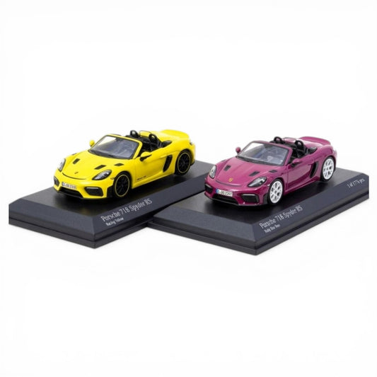 Minichamps x Tarmac Works COLLAB64 1:64 Porsche 718 Spyder RS Set – Ruby Star Neo & Yellow Diecast Model Cars (2 Variants)