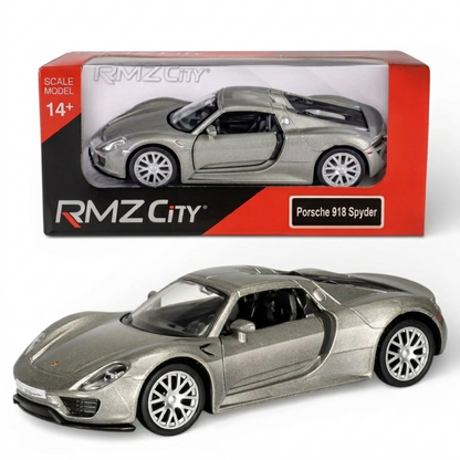 RMZ City Porsche 918 Spyder 1:32 Die-Cast Hypercar | Pull Back & Go | Openable Doors | Red / Silver Grey