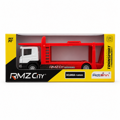 RMZ City 1:64 Scania P-Series Car Carrier Transporter Truck Die-Cast Model – White Cab with Red Trailer