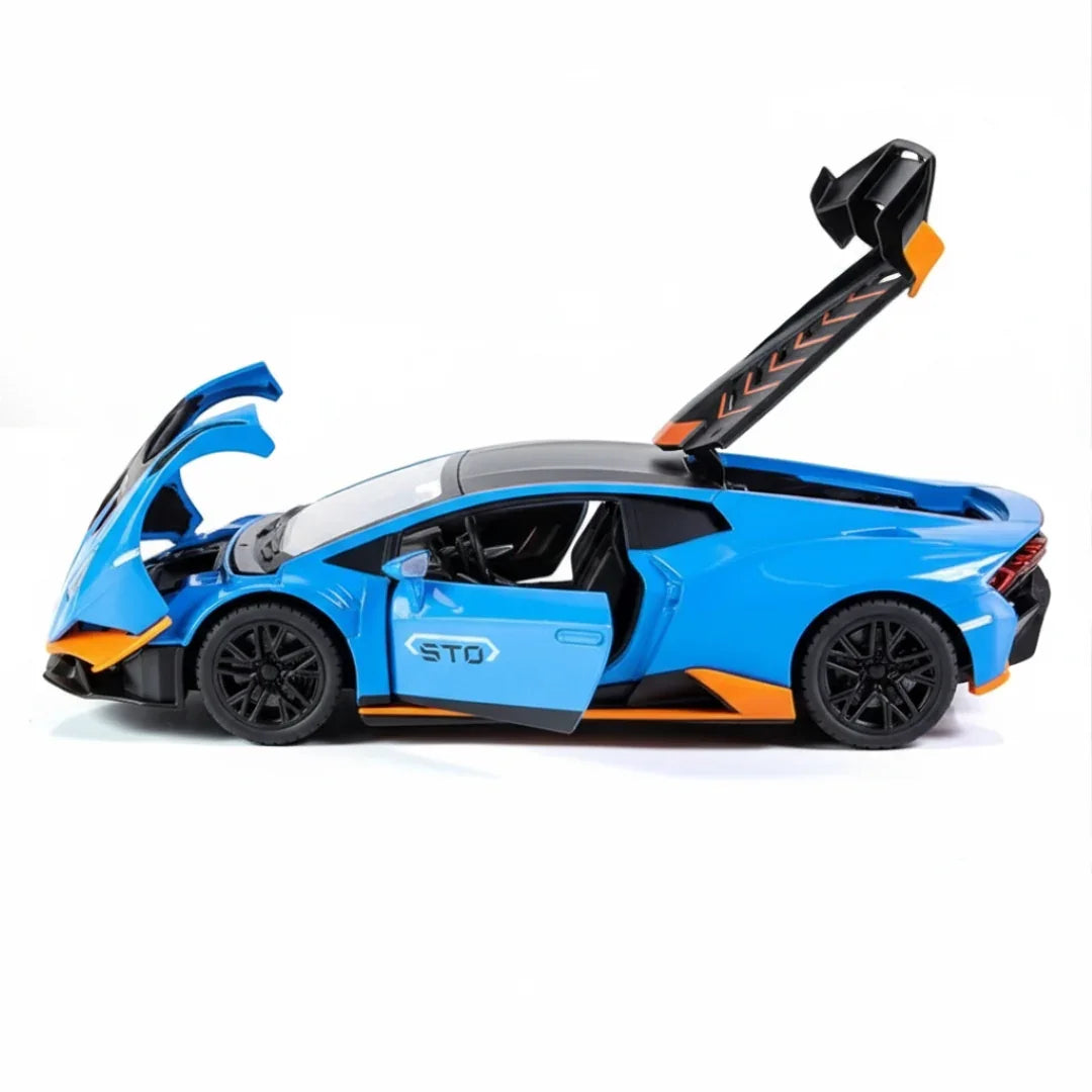 1:24 Scale Lamborghini Huracán STO. Die-Cast Metal Sports Car – Pull Back Model with Openable Doors, Sound & Light | Zinc Alloy Collectible Car