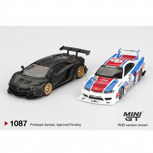 Mini GT 1:64 Scale #1887 LB★WORKS Lamborghini Aventador Limited Edition Matte Black+ Nissan LBWK S15 Silvia GARASIDRIFT 2025 Die-Cast Model Cars