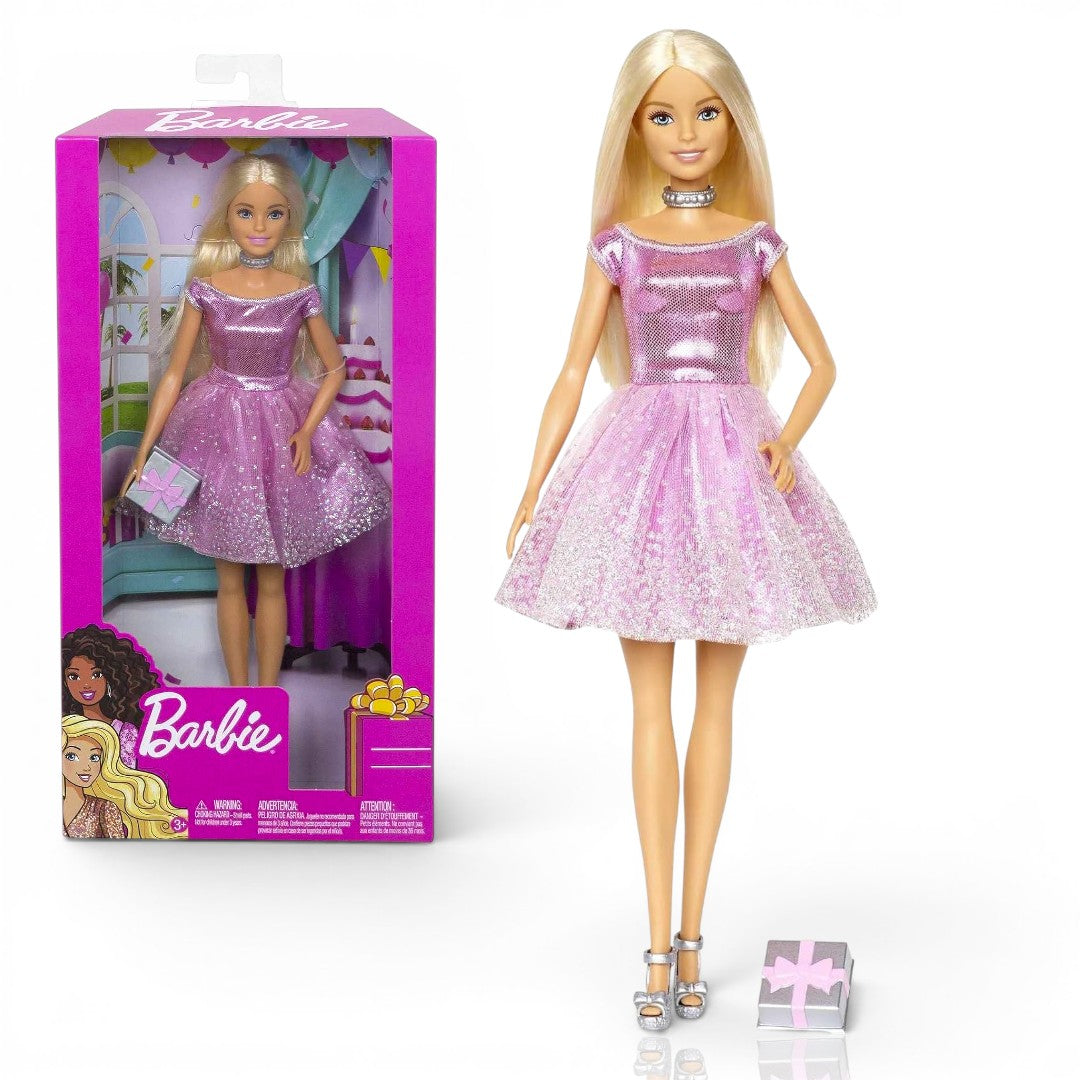 (Creased Box) Barbie Happy Birthday Fashion Doll with Pink Glitter Dress & Gift Accessory (11.5 Inches)  | Mattel Barbie Doll | BGX