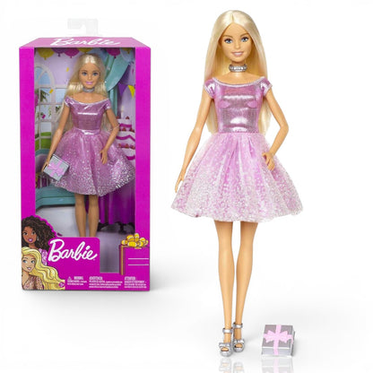 (Creased Box) Barbie Happy Birthday Fashion Doll with Pink Glitter Dress & Gift Accessory (11.5 Inches)  | Mattel Barbie Doll | BGX