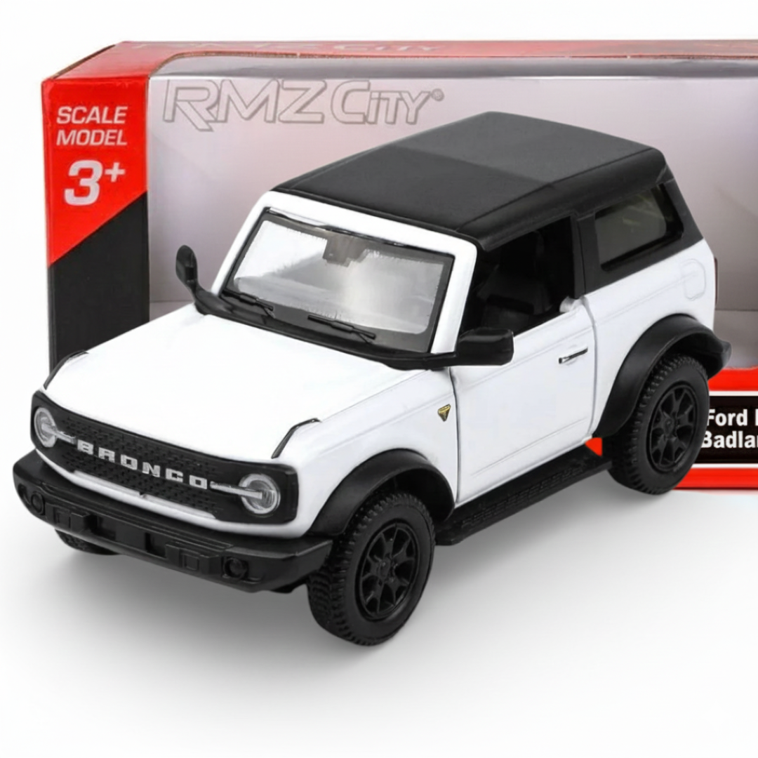 RMZ City 1:36 Ford Bronco Badlands 2dr Diecast Car Model – White | Openable Doors, Sound & Light