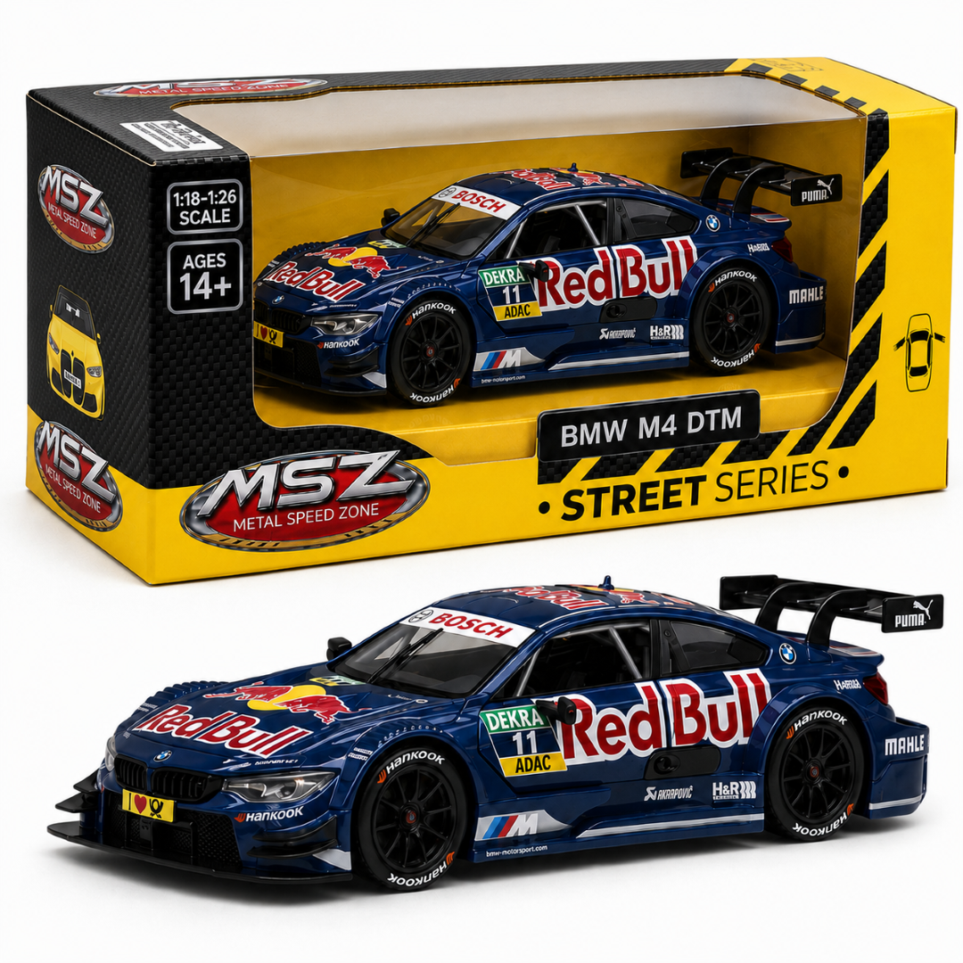 MSZ 1:24 BMW M4 DTM #11 Red Bull Livery Die-Cast Model Race Car with Openable Doors & Pull-Back Action