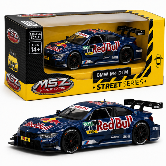 MSZ 1:24 BMW M4 DTM #11 Red Bull Livery Die-Cast Model Race Car with Openable Doors & Pull-Back Action
