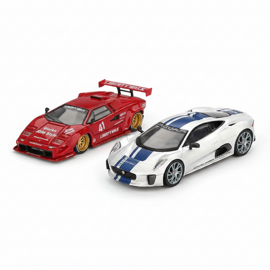 Mini GT 1:64 Duo Set Lamborghini Countach LB-WORKS Red+Jaguar C-X75 Silver (LHD) Premium Diecast Model Cars