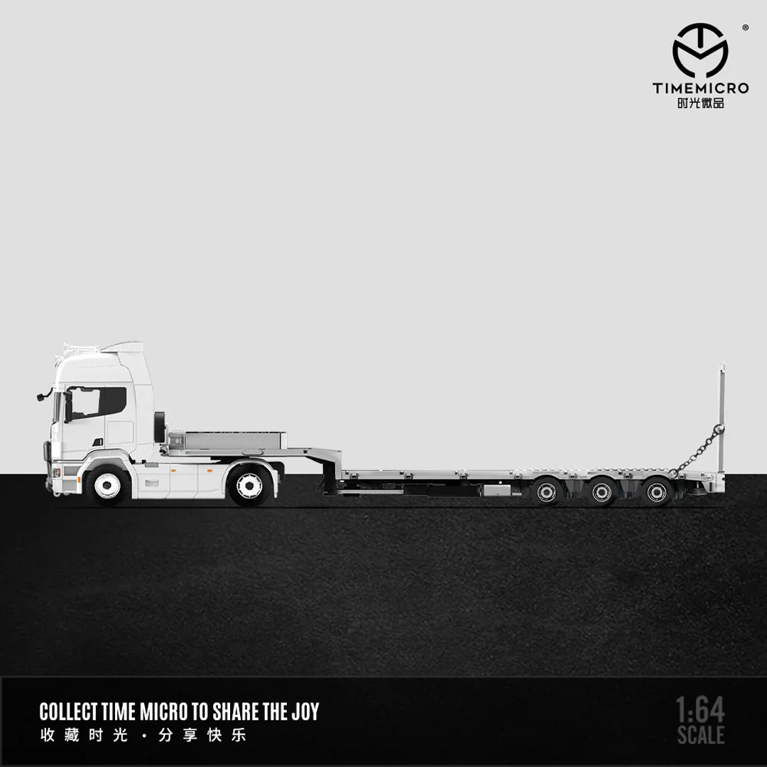 Time Micro 1:64 Scania Flatbed Transport Vehicle Diecast Model | Premium Metal Transporter with Display Base - White