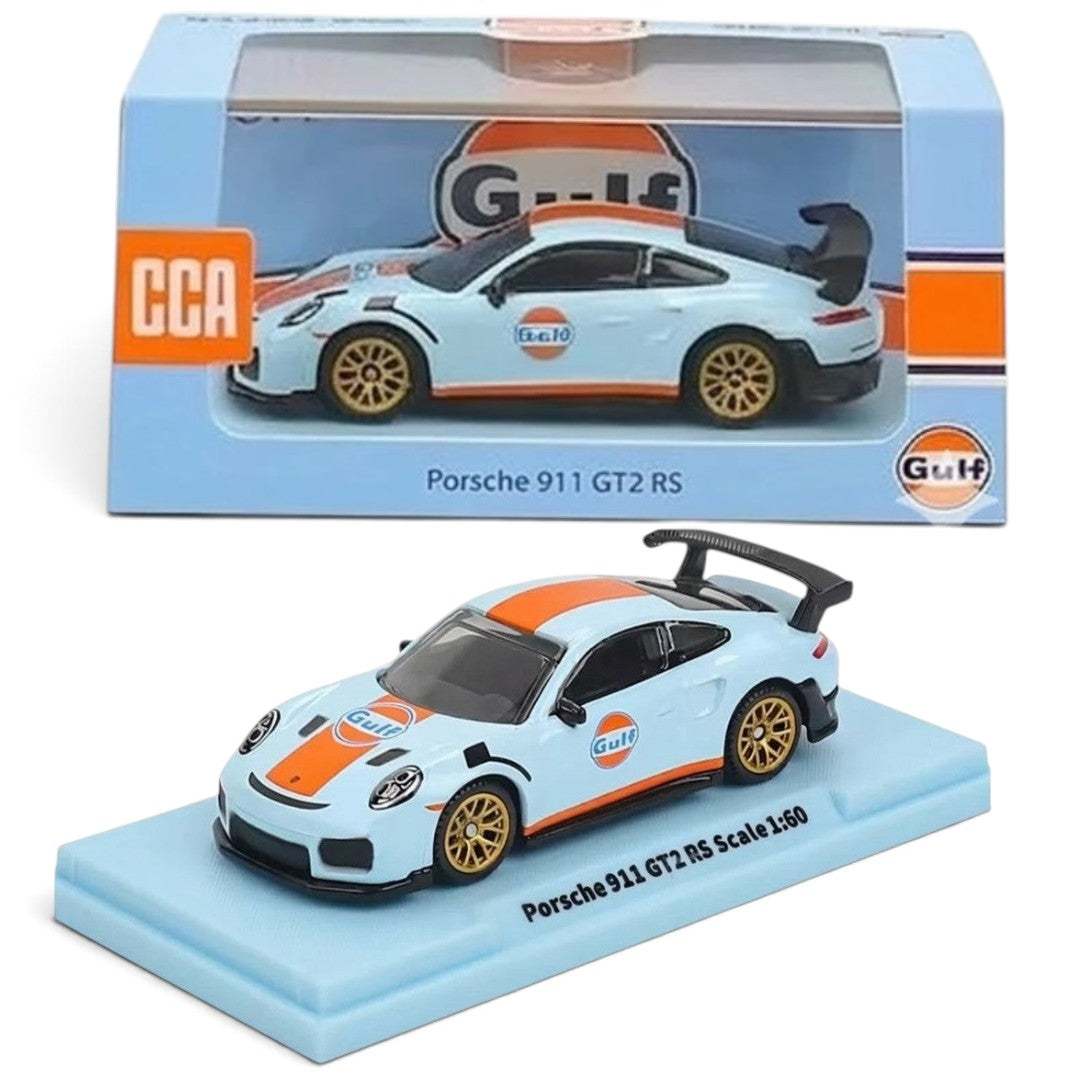 CCA 1:60 Porsche 911 GT2 RS Gulf Die-Cast Model Car | Light Blue & Orange Racing Livery with Golden Wheels