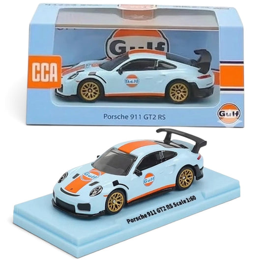 CCA 1:60 Porsche 911 GT2 RS Gulf Die-Cast Model Car | Light Blue & Orange Racing Livery with Golden Wheels