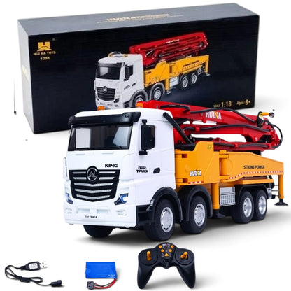 HUINA 1381 1:18 RC Concrete Pump Truck | 11CH 2.4GHz Semi-Alloy 4WD Engineering Vehicle with Water Spray, Lights & Sound