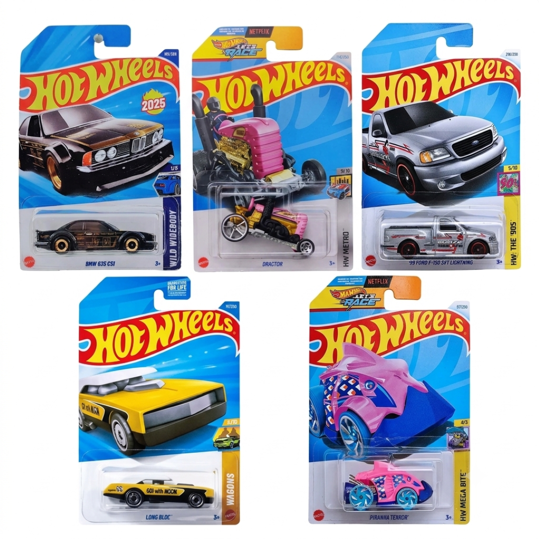 Hot Wheels 1:64 Scale 5-Car Die-Cast Set | BMW 635 CSi, Piranha Terror, Long Bloc, ’99 Ford F-150 SVT Lightning & Dragtor