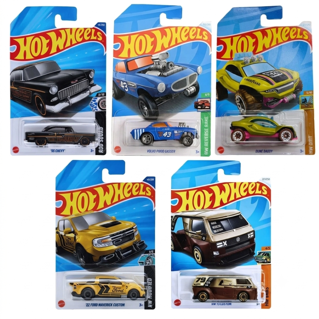 Hot Wheels 5-Car Die-Cast Set 1:64 Scale  – '55 Chevy + VW T3 Custom + '22 Ford Maverick Custom + Dune Daddy 212/250 + Volvo P1800 Gasser | Collectible Cars