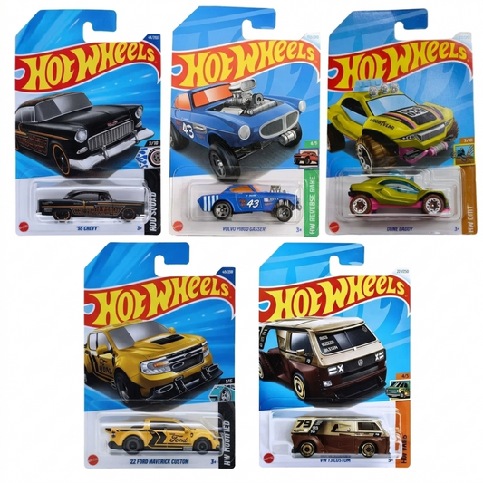 Hot Wheels 5-Car Die-Cast Set 1:64 Scale  – '55 Chevy + VW T3 Custom + '22 Ford Maverick Custom + Dune Daddy 212/250 + Volvo P1800 Gasser | Collectible Cars