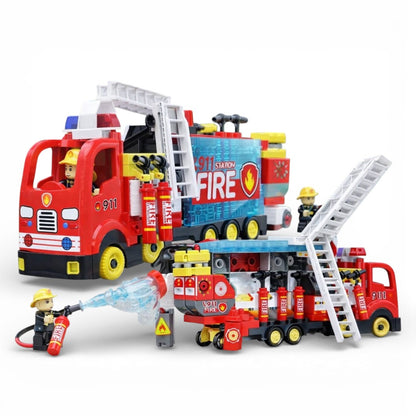 FiveStar 911 Fire Rescue Truck Building Block Set with Ladder & Figures | Transformable Fire Station Toy for Kids