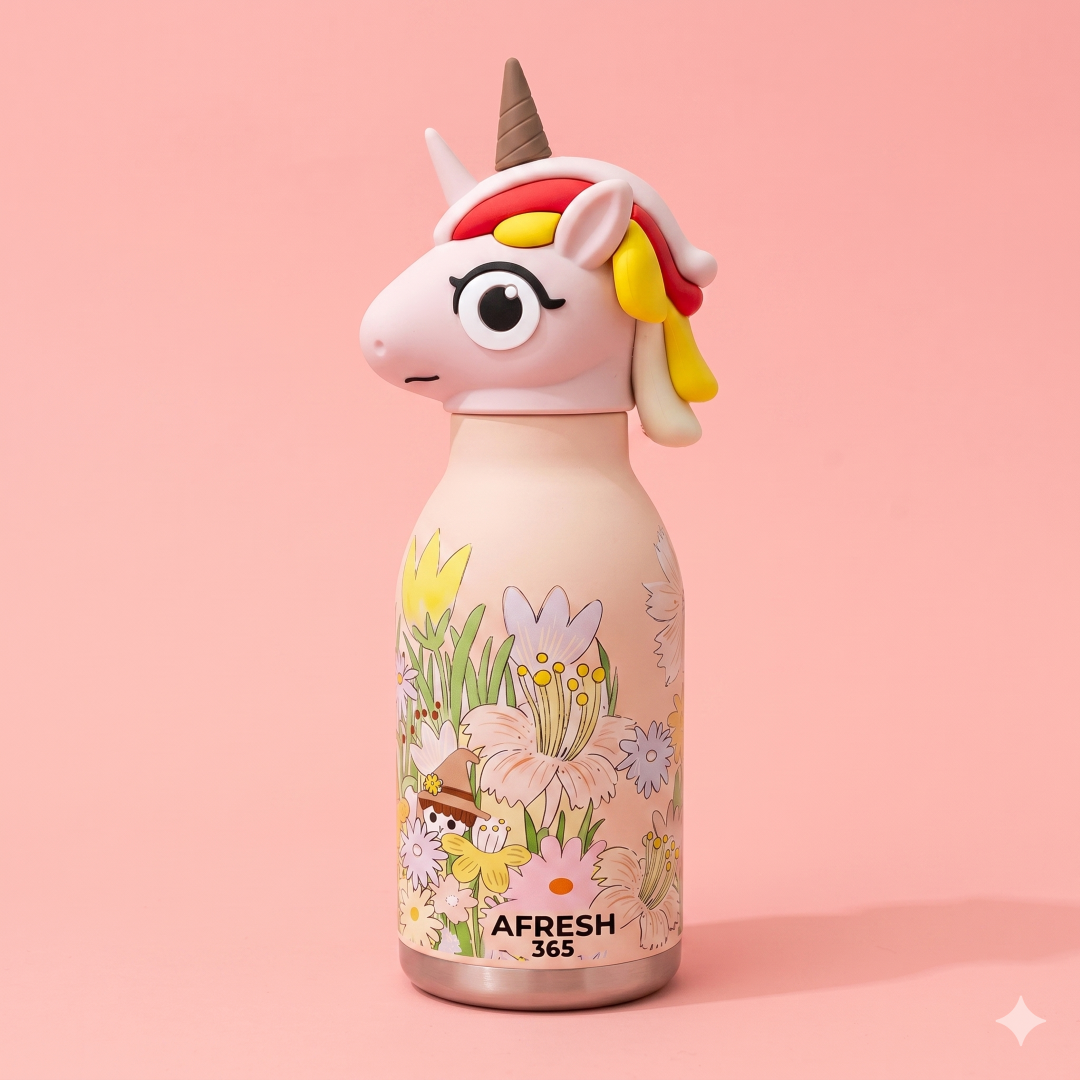 AFRESH 365 Unicorn Collection Stainless Steel Vacuum Insulated Water Bottle 450ml (16oz) with Straw & Cleaning Brush | Kids Water Bottle | 3 Color Variants