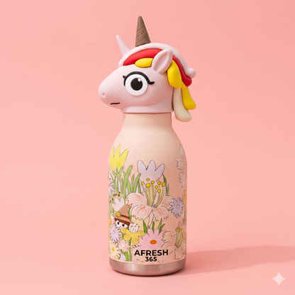AFRESH 365 Unicorn Collection Stainless Steel Vacuum Insulated Water Bottle 450ml (16oz) with Straw & Cleaning Brush | Kids Water Bottle | 3 Color Variants