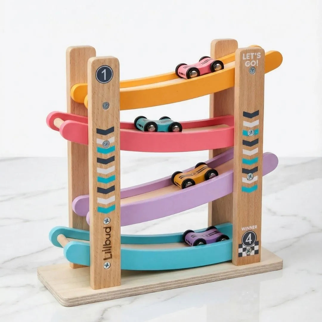 LiLLBUD Classic Wooden Racing Ramp with 4 Cars