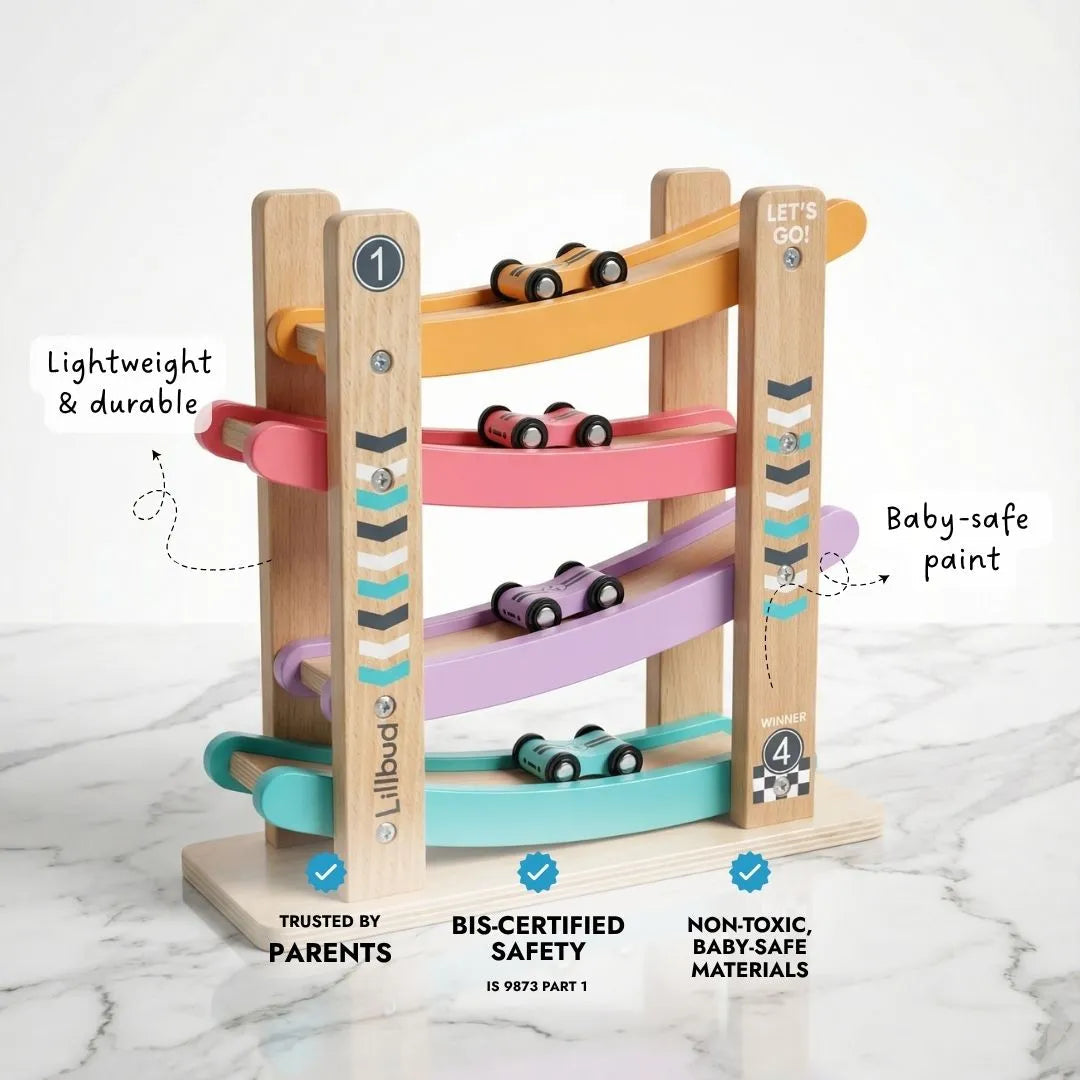 LiLLBUD Classic Wooden Racing Ramp with 4 Cars