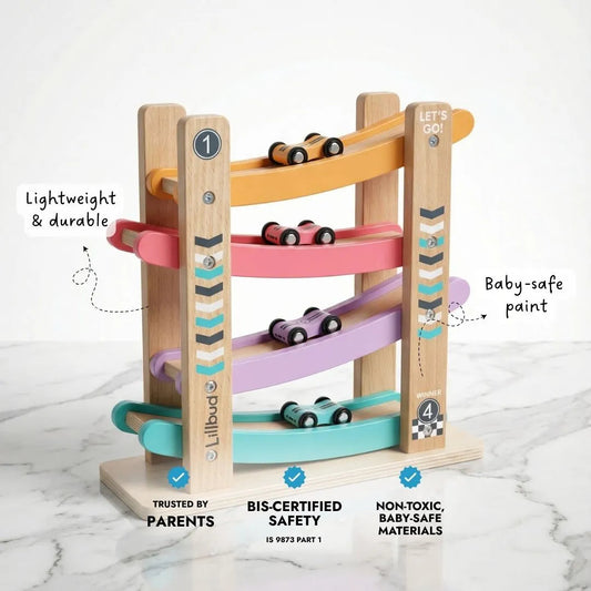 LiLLBUD Classic Wooden Racing Ramp with 4 Cars