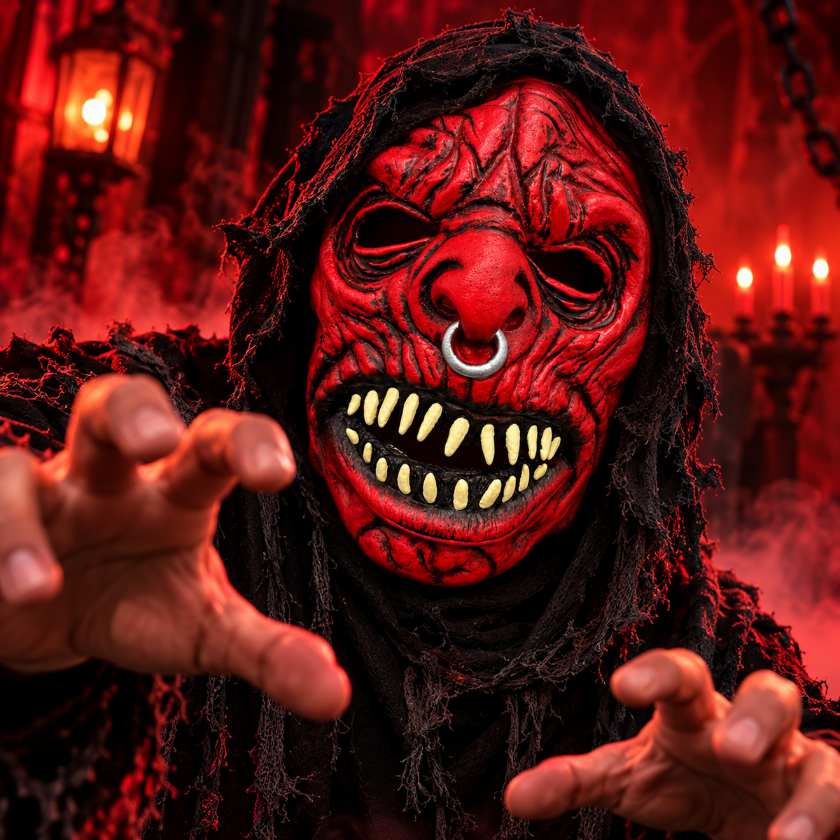 Halloween Scary Red Demon Mask with Nose Ring – Horror Monster Costume Mask for Adults