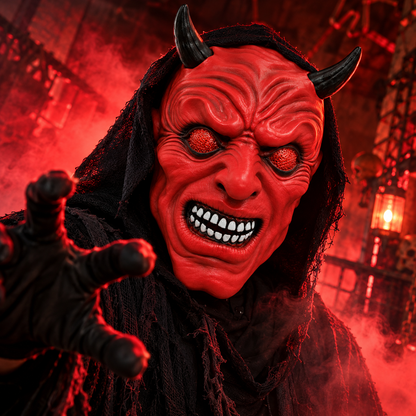 Halloween Scary Red Devil Mask with Black Horns – Horror Demon Costume Mask for Adults