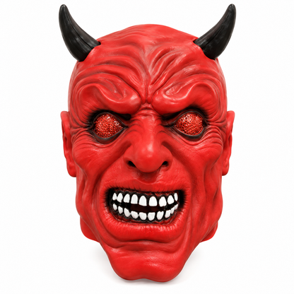 Halloween Scary Red Devil Mask with Black Horns – Horror Demon Costume Mask for Adults