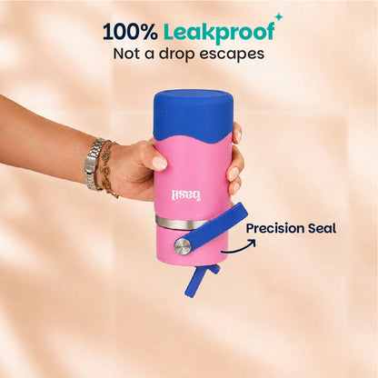 Basil Reef 380ml Kids Stainless Steel Water Bottle with Straw & Flexible Carry Handle | 304 Stainless Steel, Food-Grade Silicone Base | Pink