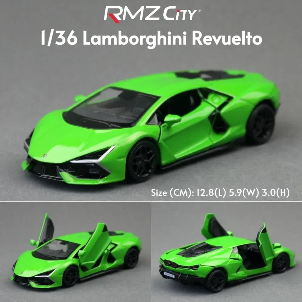 RMZ City Lamborghini Revuelto 1:36 Die-Cast Supercar | Pull Back & Go | Openable Doors | Orange / Green