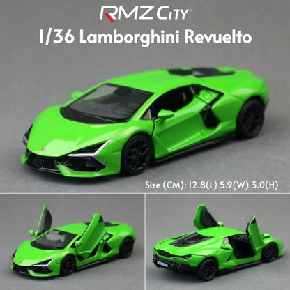 RMZ City Lamborghini Revuelto 1:36 Die-Cast Supercar | Pull Back & Go | Openable Doors | Orange / Green