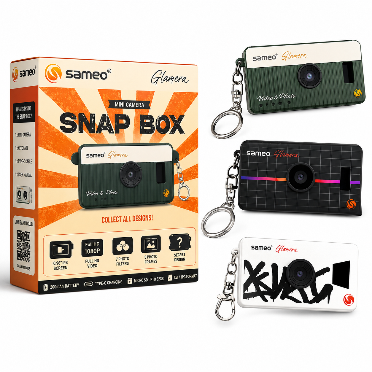 SAMEO Glamera Snap Box Mini Camera – 1 PC Random Design | 1080P Full HD Video, 12MP Photos, 7 Photo Filters, 0.96" IPS Display, Rechargeable Keychain Camera