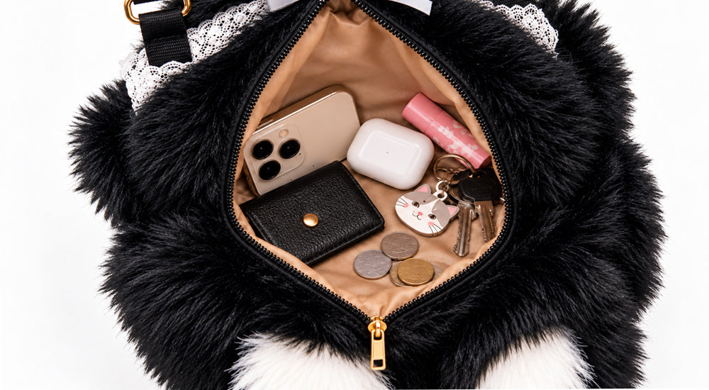 Meowing Plush Grey & White Cat Handbag & Crossbody Bag | Fluffy Kitty Purse with Adjustable Strap & Lace Collar for Girls & Women