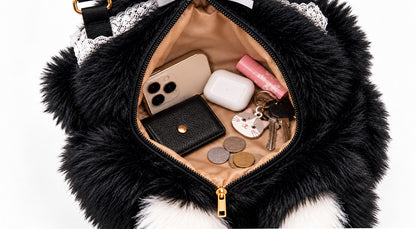 Meowing Plush Grey & White Cat Handbag & Crossbody Bag | Fluffy Kitty Purse with Adjustable Strap & Lace Collar for Girls & Women