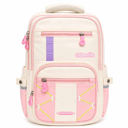 Futurelife Adventurer School Backpack for Kids 40cm | Lightweight Ergonomic School Bag with Multiple Compartments, Chest Strap & Water Bottle Pockets – Pink & Cream