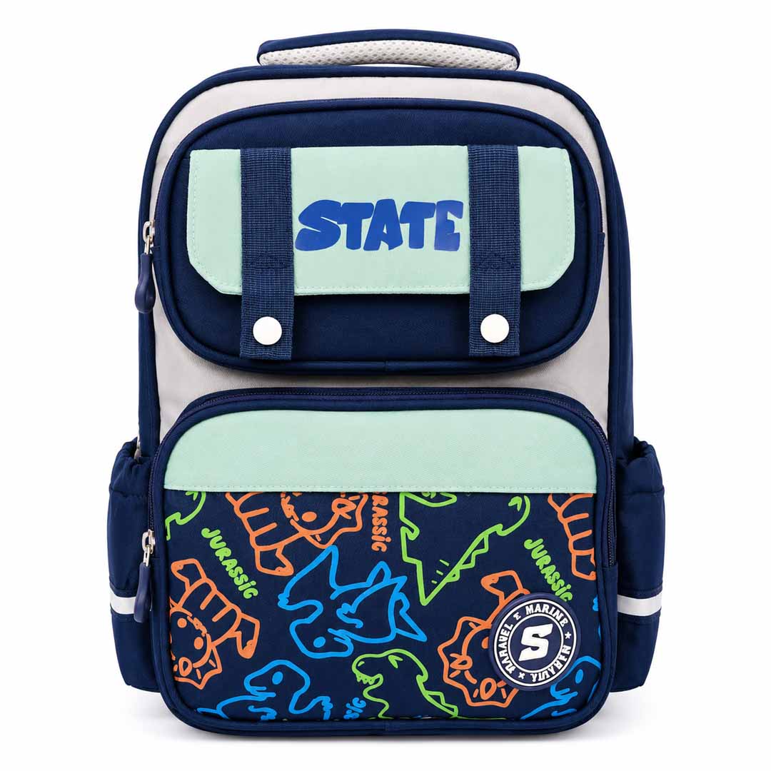 State Dinosaur School Backpack for Kids 38cm | Lightweight Multi-Compartment School Bag with Reflective Strips, Padded Back Support & Side Bottle Pockets
