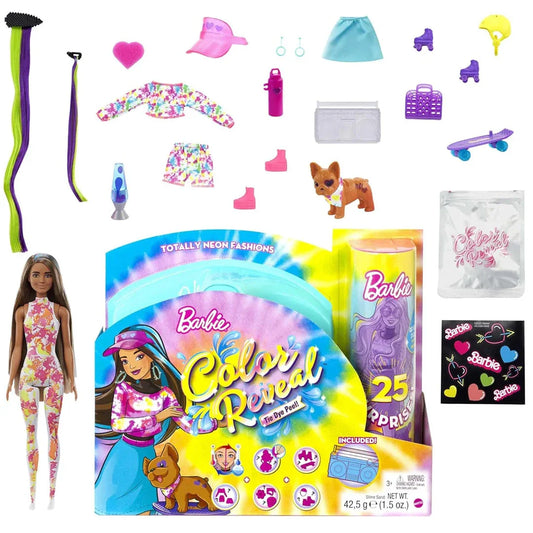Barbie Color Reveal Totally Neon Fashions Doll with Blue-Streaked Brunette Hair & 25 Surprises – Color-Change Gift for Kids