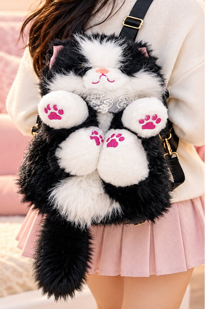 Meowing Plush Grey & White Cat Handbag & Crossbody Bag | Fluffy Kitty Purse with Adjustable Strap & Lace Collar for Girls & Women