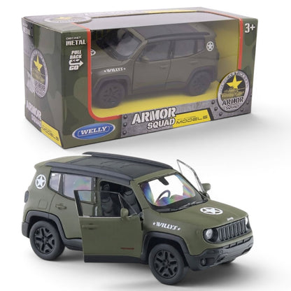 Welly 1:38 Jeep Renegade Military Green Die-Cast Model Car with Pull-Back Action & Openable Doors