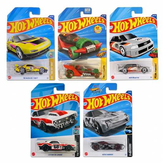 Hot Wheels 1:64 Scale 5-Car Die-Cast Set – '95 Mazda RX-7 Drift + Audi 90 Quattro + Nerve Hammer X-Raycers + '68 Camaro HW Modified + Fast Foodie Hot Wheengs