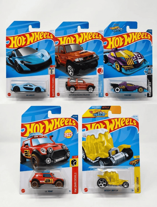 Hot Wheels 5-Car Die-Cast Set – McLaren P1 Blue + Lil' Roar HYW44 + HW Modified Rod Punk + Mitsubishi Pajero Evolution + Desert Drifter | 1:64 Scale Collectible Cars