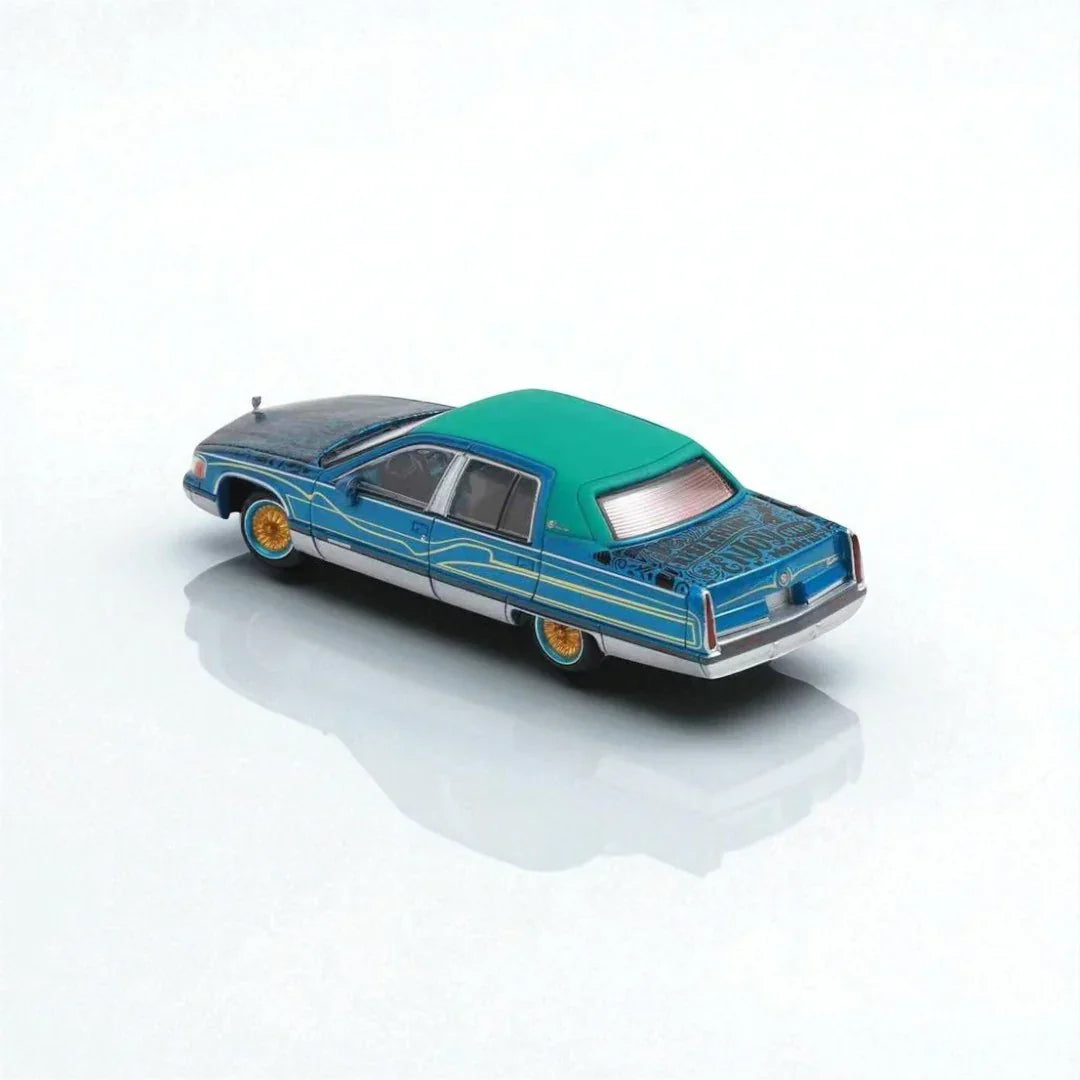 MK Miniatures 1:64 Cadillac Fleetwood Lowrider Die-Cast Model Car – Blue/Green Custom Edition - Jaiman Toys